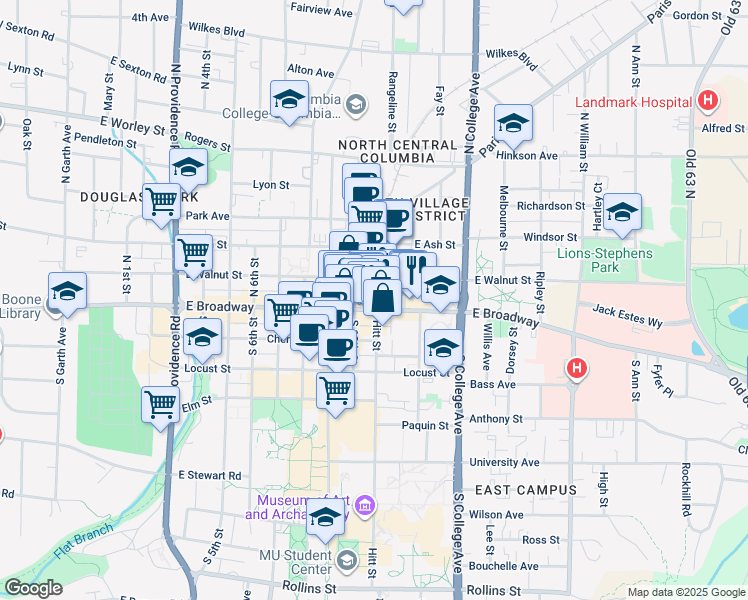 map of restaurants, bars, coffee shops, grocery stores, and more near 1025 East Broadway in Columbia