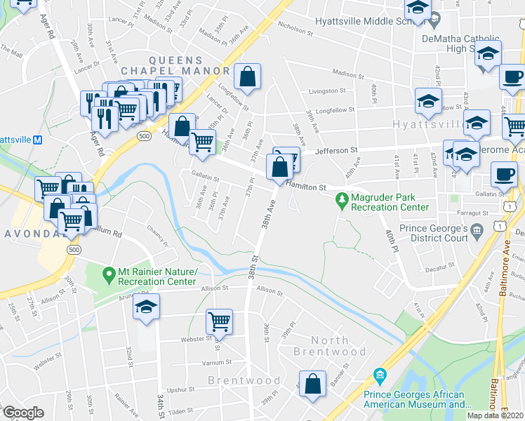 map of restaurants, bars, coffee shops, grocery stores, and more near 5022 38th Avenue in Hyattsville