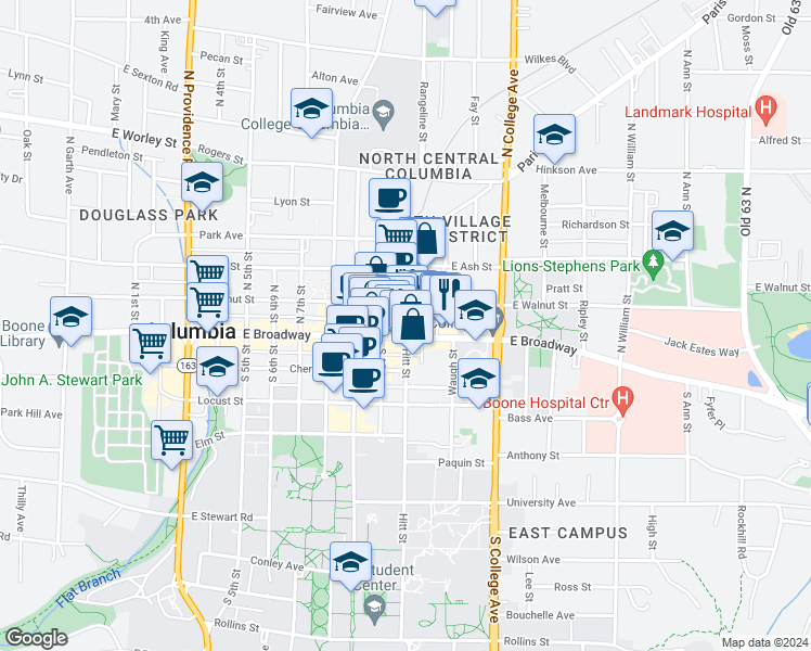 map of restaurants, bars, coffee shops, grocery stores, and more near 1101 East Broadway in Columbia