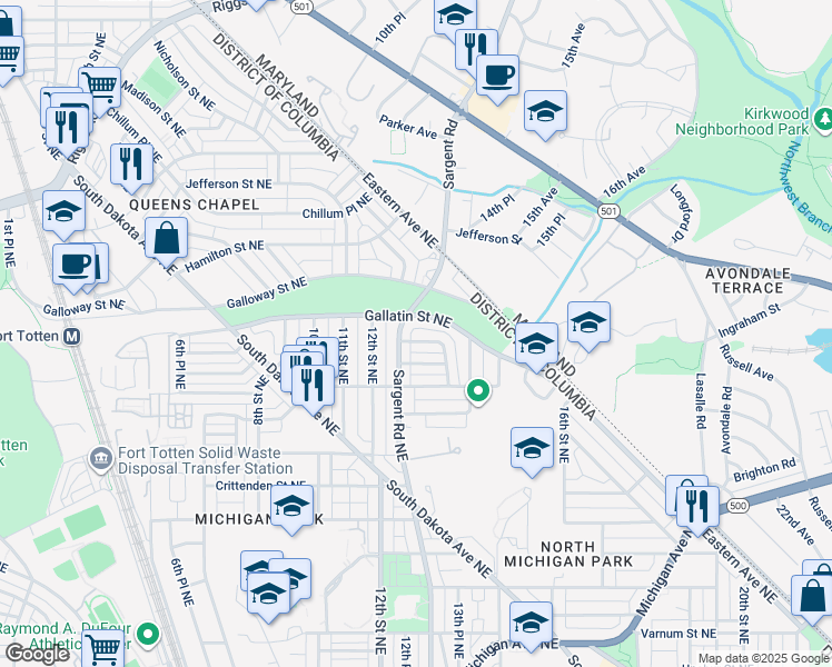 map of restaurants, bars, coffee shops, grocery stores, and more near 1228 Farragut Place Northeast in Washington