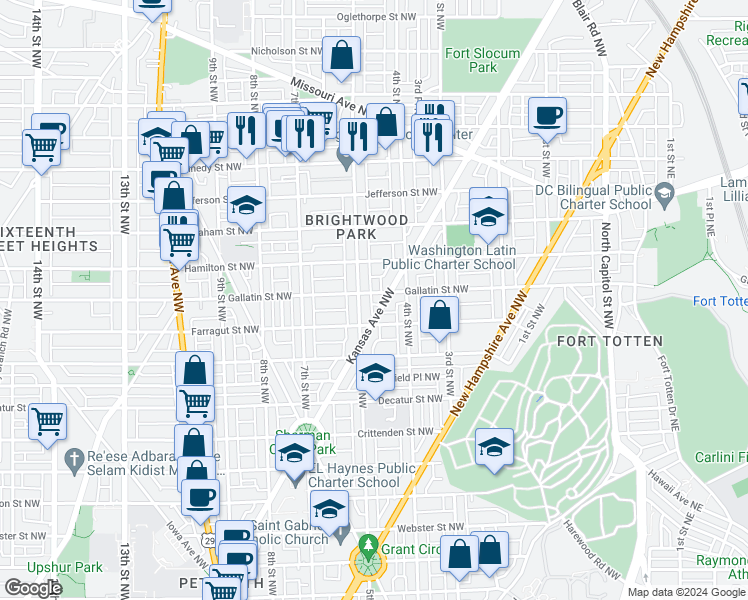 map of restaurants, bars, coffee shops, grocery stores, and more near 418 Gallatin Street Northwest in Washington