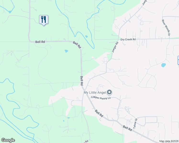 map of restaurants, bars, coffee shops, grocery stores, and more near 4100 Bell Road in Auburn