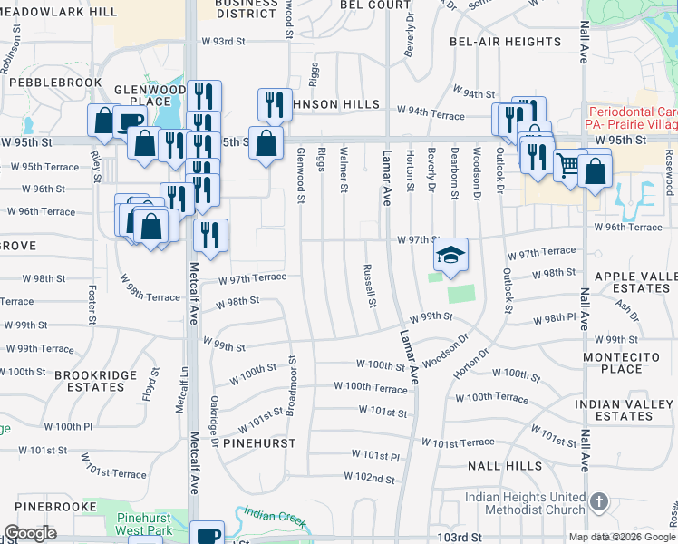 map of restaurants, bars, coffee shops, grocery stores, and more near 9732 Walmer Street in Overland Park