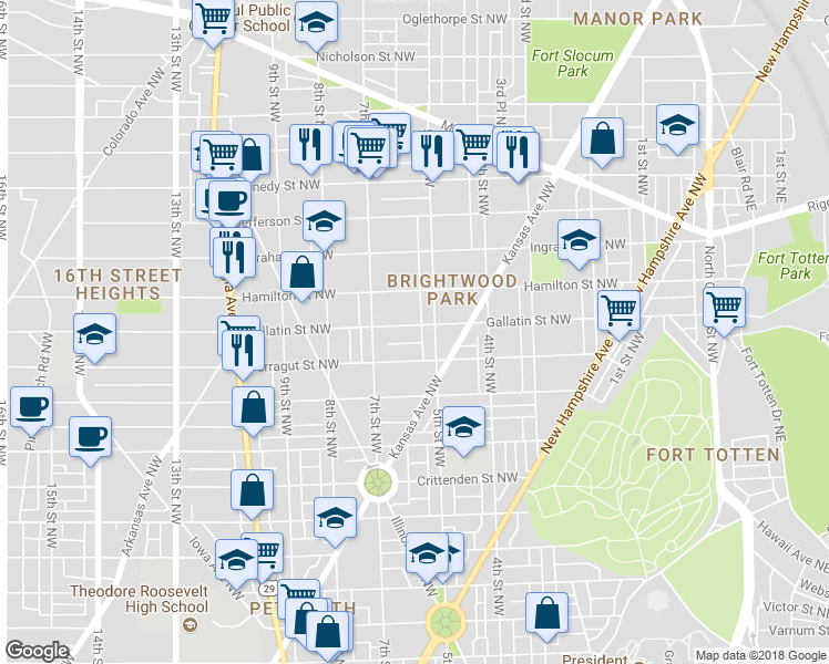 map of restaurants, bars, coffee shops, grocery stores, and more near 608 Gallatin Street Northwest in Washington