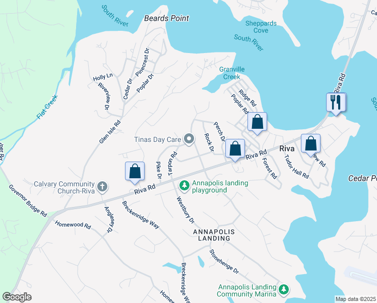 map of restaurants, bars, coffee shops, grocery stores, and more near 418 Porpoise Lane in Riva