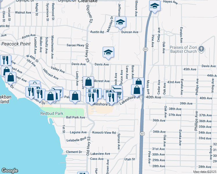 map of restaurants, bars, coffee shops, grocery stores, and more near 4331 Sunset Avenue in Clearlake
