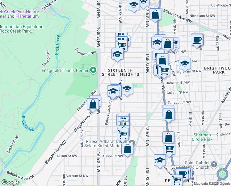map of restaurants, bars, coffee shops, grocery stores, and more near 1415 Gallatin Street Northwest in Washington