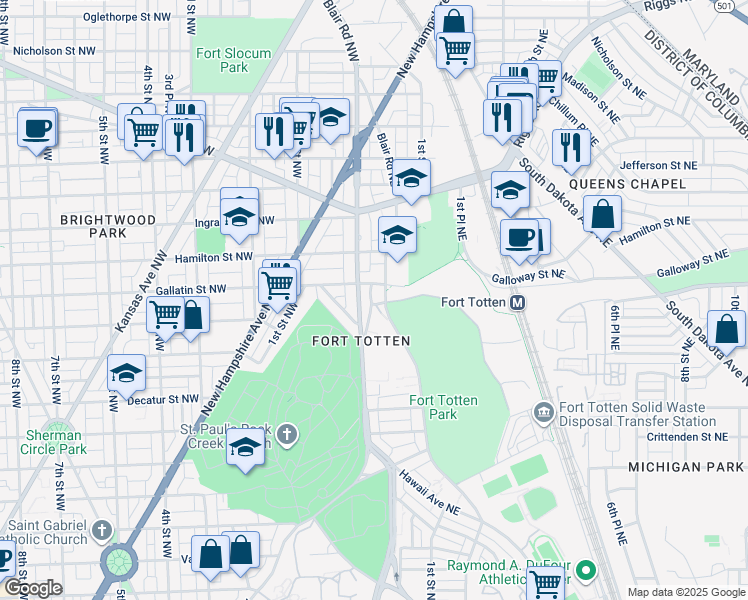 map of restaurants, bars, coffee shops, grocery stores, and more near 5022 Rock Creek Church Road Northeast in Washington