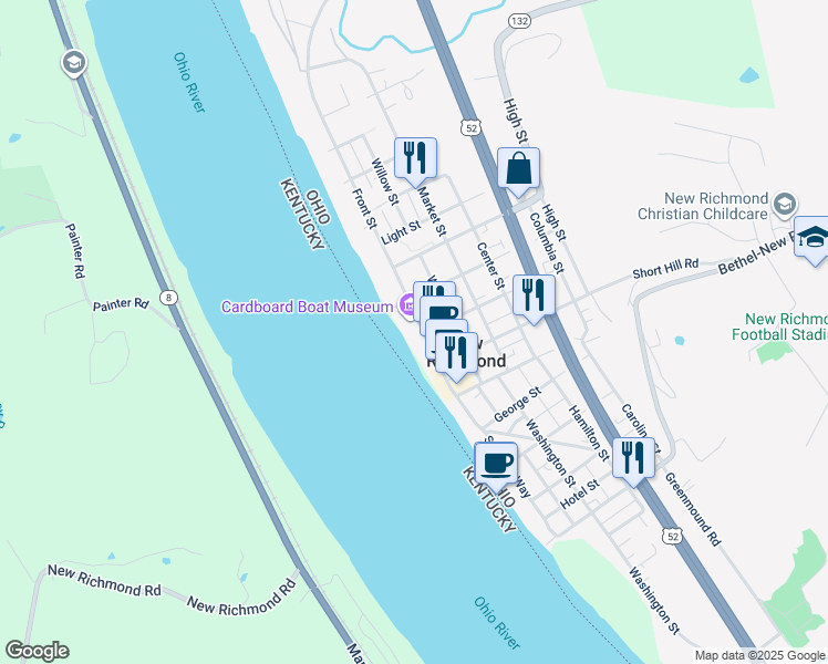 map of restaurants, bars, coffee shops, grocery stores, and more near 301 Front Street in New Richmond