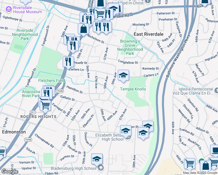 map of restaurants, bars, coffee shops, grocery stores, and more near 5804 Jefferson Street in Hyattsville