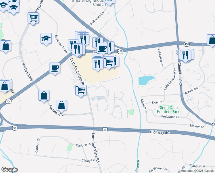 map of restaurants, bars, coffee shops, grocery stores, and more near 4419 Windflower Way in Bowie