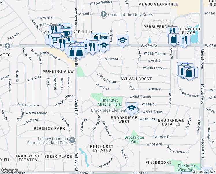 map of restaurants, bars, coffee shops, grocery stores, and more near 8300 West 98th Street in Overland Park