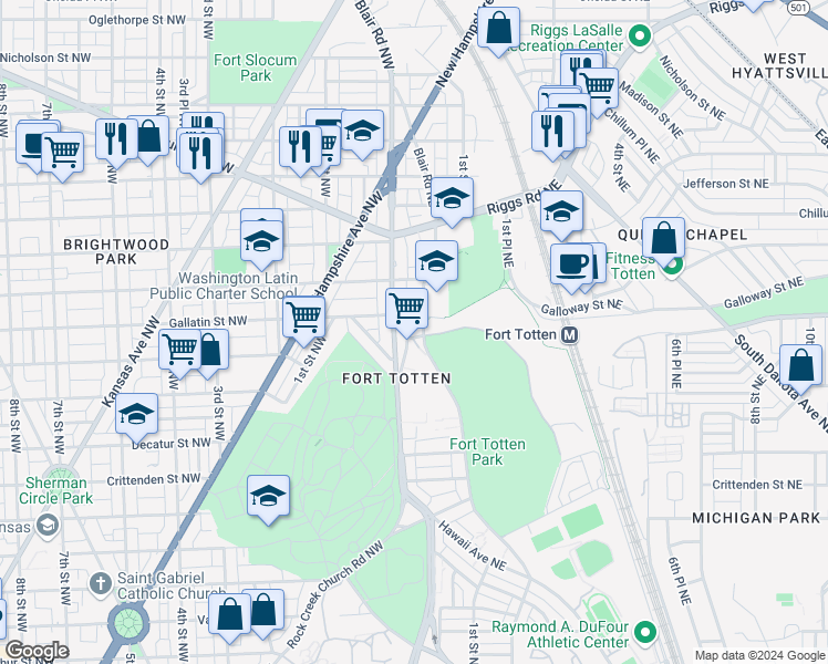 map of restaurants, bars, coffee shops, grocery stores, and more near 5022 Rock Creek Church Road Northeast in Washington