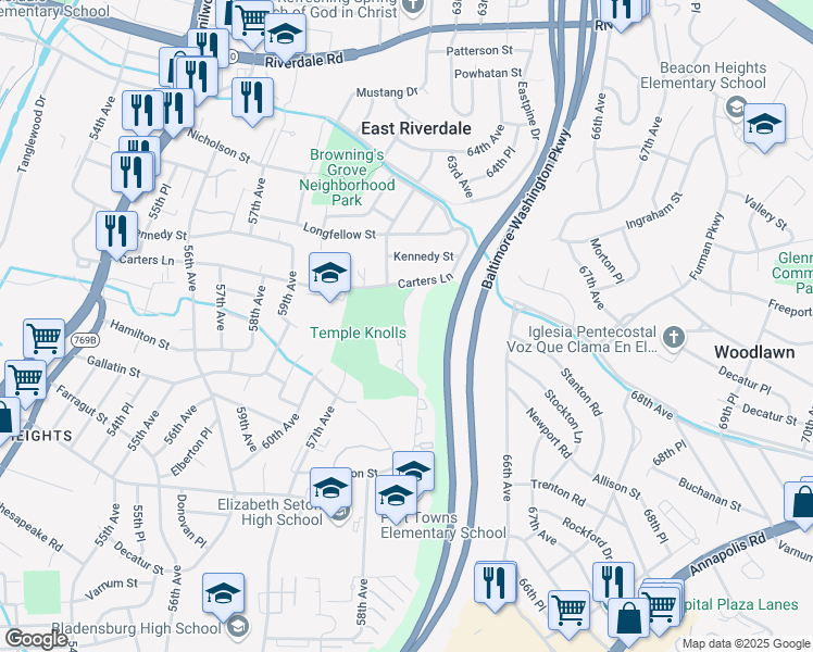 map of restaurants, bars, coffee shops, grocery stores, and more near 4601 Red Hawk Terrace in Bladensburg