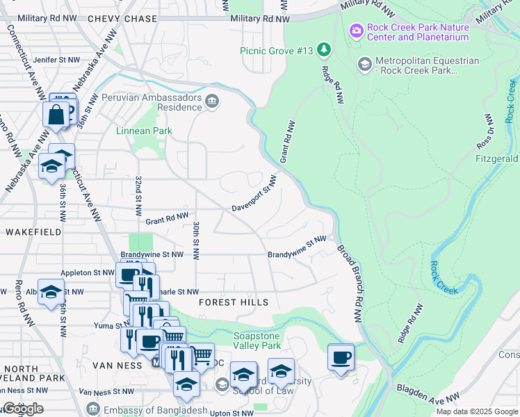 map of restaurants, bars, coffee shops, grocery stores, and more near 2846 Davenport Street Northwest in Washington