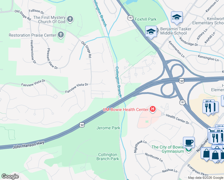 map of restaurants, bars, coffee shops, grocery stores, and more near 14618 Old Stage Rd in Bowie