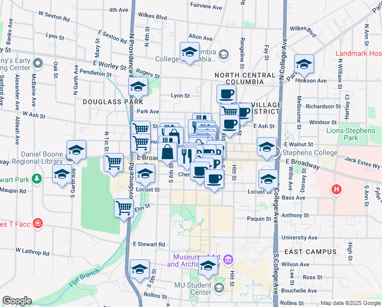 map of restaurants, bars, coffee shops, grocery stores, and more near 701 East Broadway in Columbia