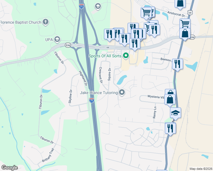 map of restaurants, bars, coffee shops, grocery stores, and more near 10153 Squire Drive in Florence