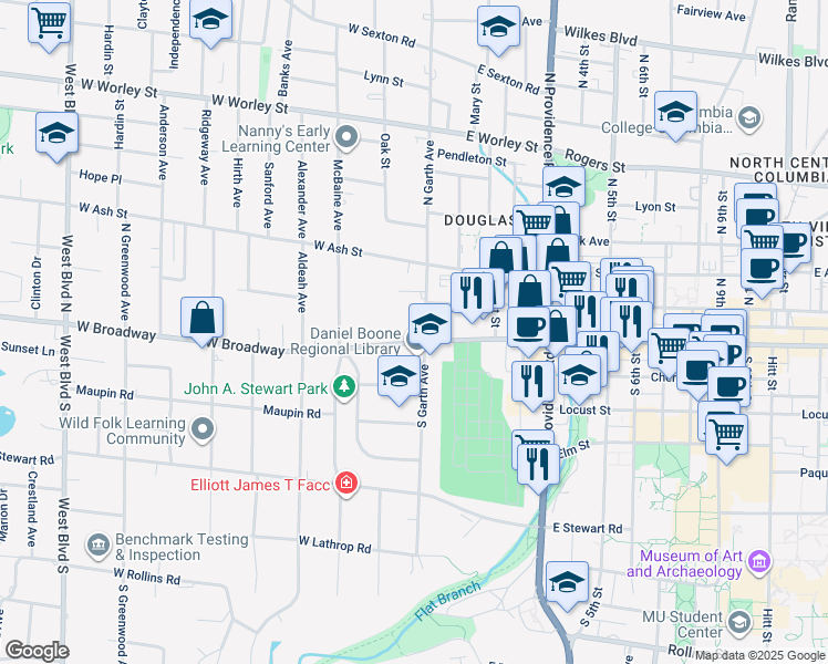 map of restaurants, bars, coffee shops, grocery stores, and more near 201 West Broadway in Columbia