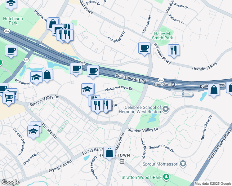 map of restaurants, bars, coffee shops, grocery stores, and more near 2254 Woodland Gap Terrace in Herndon