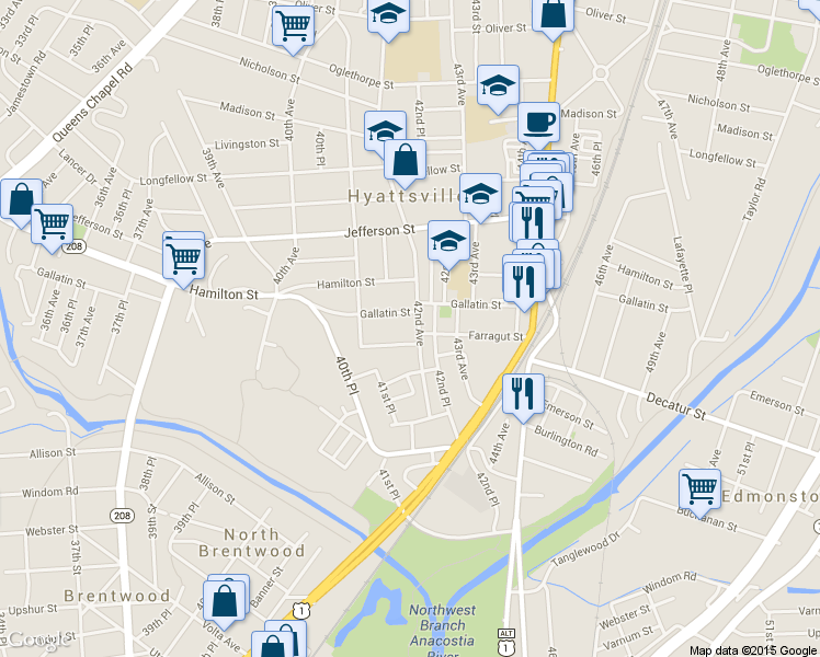 map of restaurants, bars, coffee shops, grocery stores, and more near 5104 42nd Avenue in Hyattsville