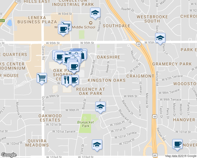 map of restaurants, bars, coffee shops, grocery stores, and more near 11043 West 97th Circle in Overland Park