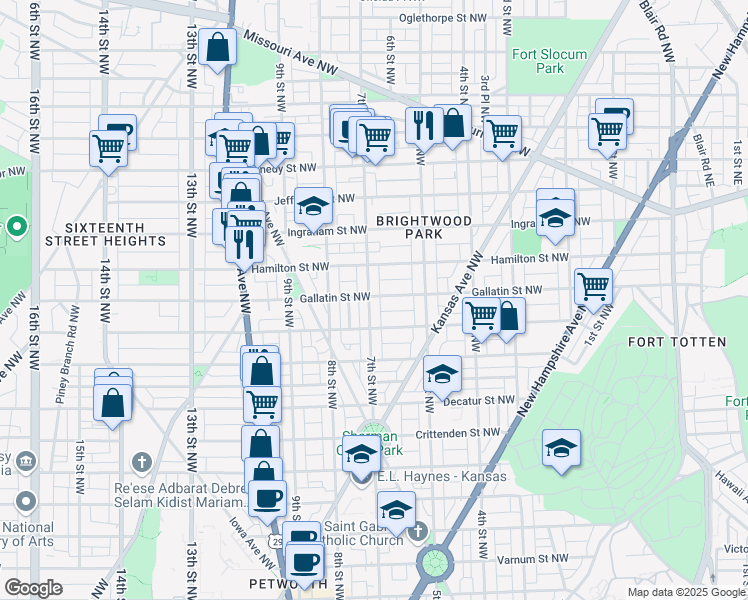 map of restaurants, bars, coffee shops, grocery stores, and more near 5033 7th Street Northwest in Washington