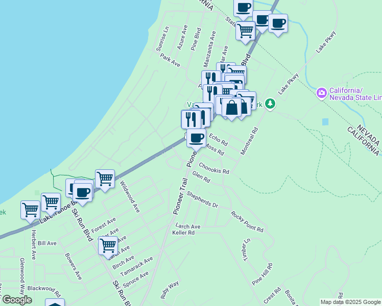 map of restaurants, bars, coffee shops, grocery stores, and more near 3897 Pioneer Trail in South Lake Tahoe