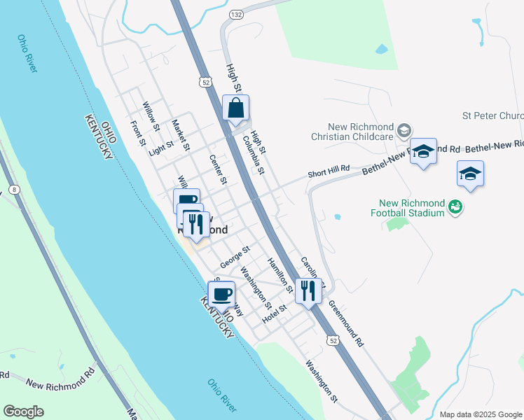 map of restaurants, bars, coffee shops, grocery stores, and more near Columbia Street in New Richmond