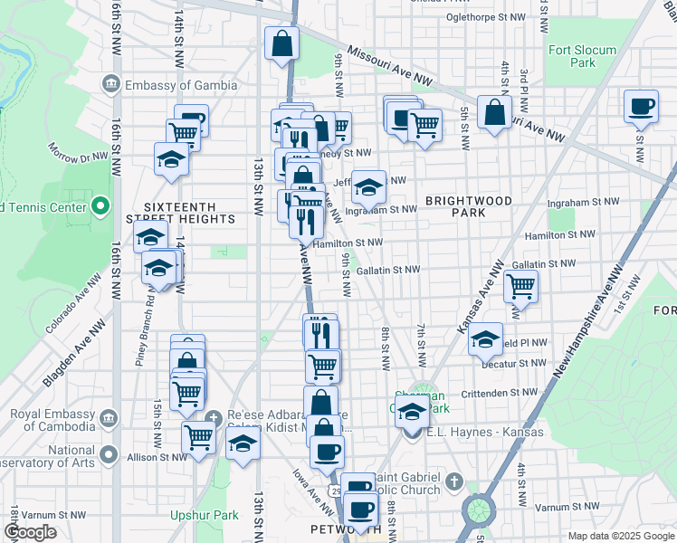 map of restaurants, bars, coffee shops, grocery stores, and more near 915 Gallatin Street Northwest in Washington