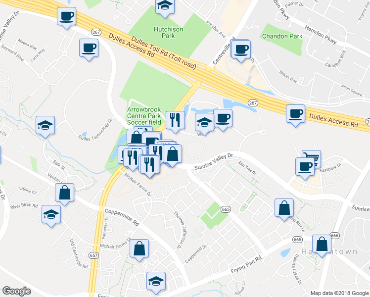 map of restaurants, bars, coffee shops, grocery stores, and more near Glen Echo Road in Herndon