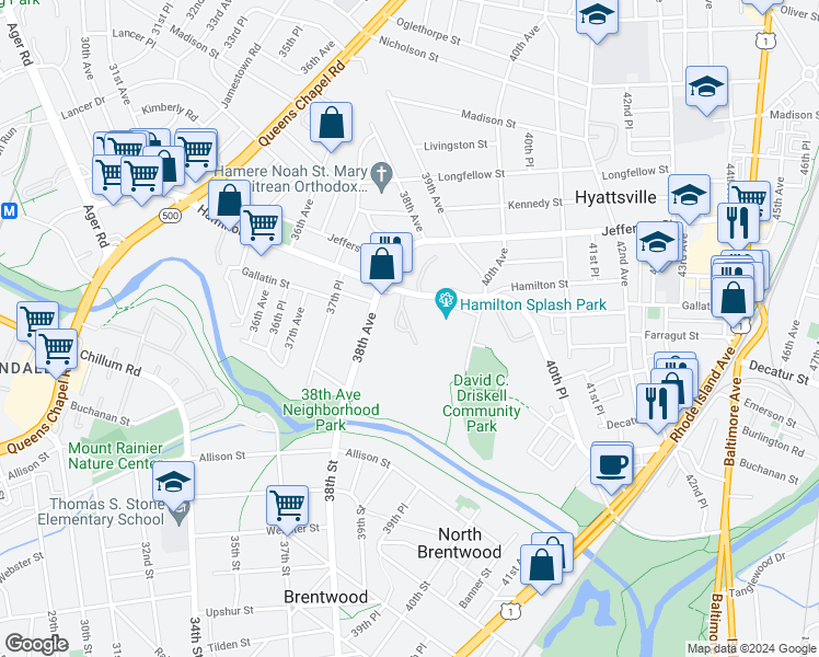 map of restaurants, bars, coffee shops, grocery stores, and more near 3839 Hamilton Street in Hyattsville