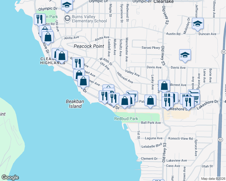 map of restaurants, bars, coffee shops, grocery stores, and more near 14638 Palmer Avenue in Clearlake