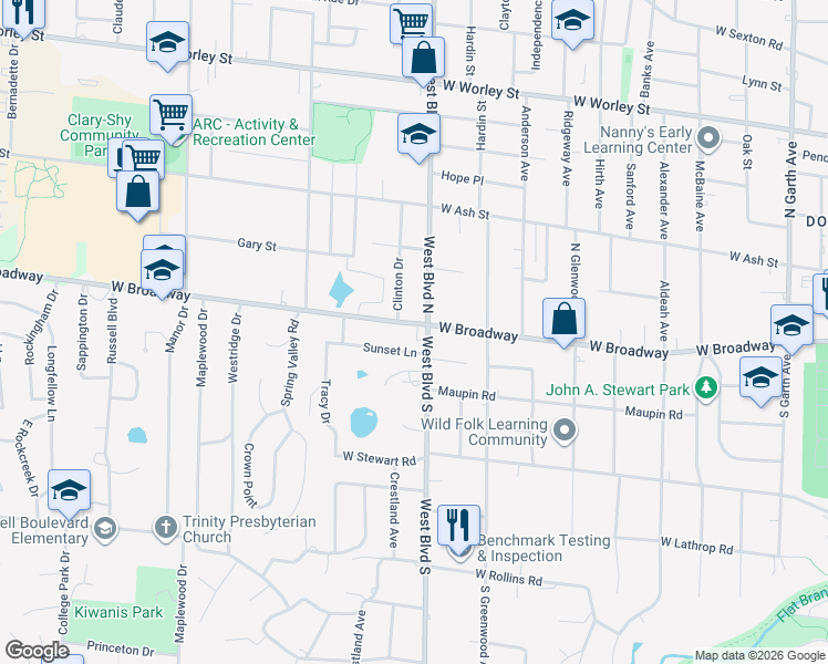 map of restaurants, bars, coffee shops, grocery stores, and more near 1004 W Broadway in Columbia