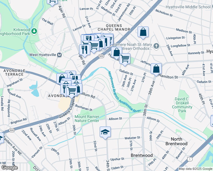 map of restaurants, bars, coffee shops, grocery stores, and more near 3270 Chillum Road in Mount Rainier