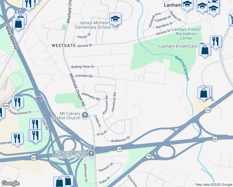 map of restaurants, bars, coffee shops, grocery stores, and more near 4505 Havelock Road in Lanham