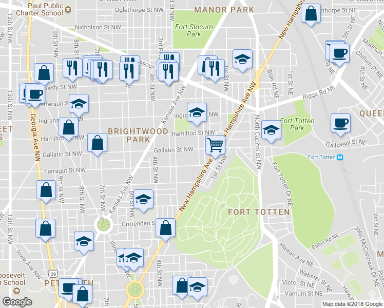 map of restaurants, bars, coffee shops, grocery stores, and more near 226 Gallatin Street Northwest in Washington