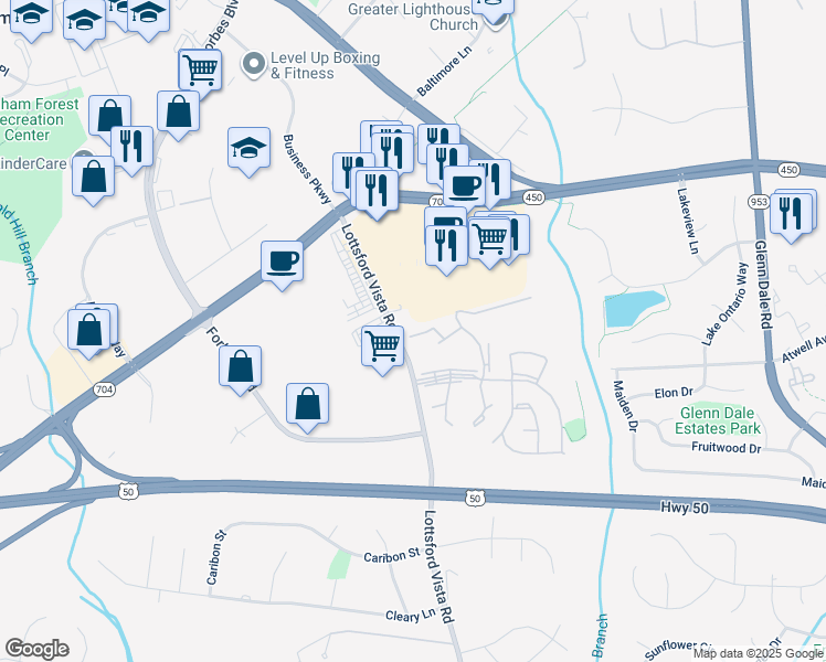 map of restaurants, bars, coffee shops, grocery stores, and more near 10404 Glen Spring Lane in Bowie