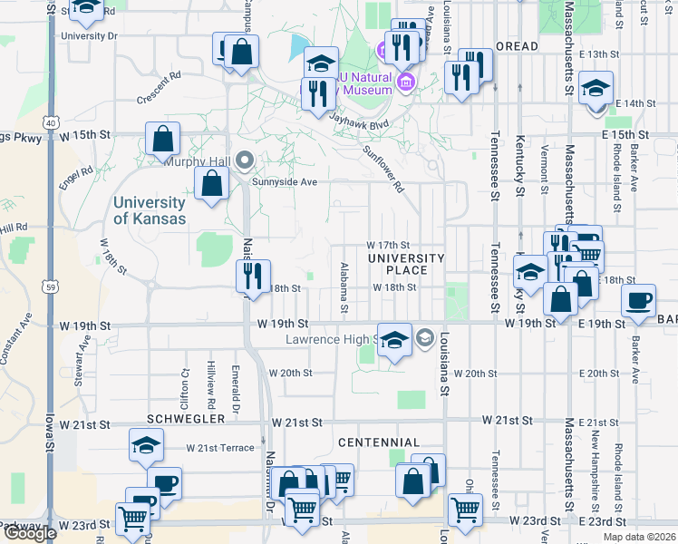 map of restaurants, bars, coffee shops, grocery stores, and more near 1725 Alabama Street in Lawrence