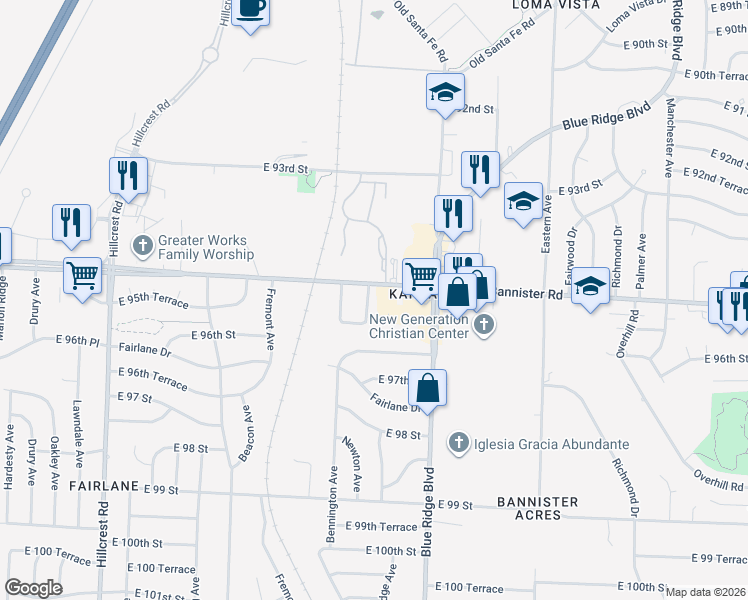 map of restaurants, bars, coffee shops, grocery stores, and more near 9505 Newton Avenue in Kansas City