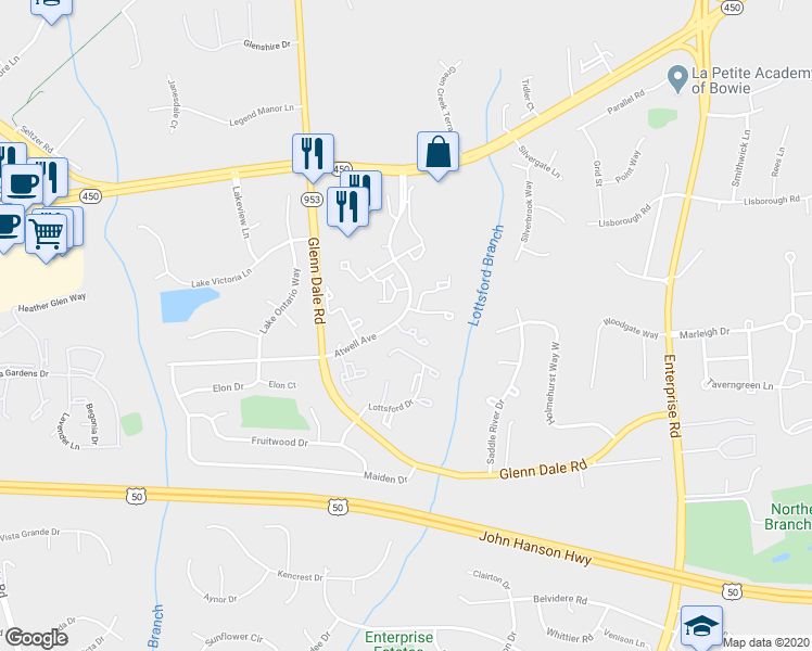 map of restaurants, bars, coffee shops, grocery stores, and more near 11409 Deepwood Drive in Bowie