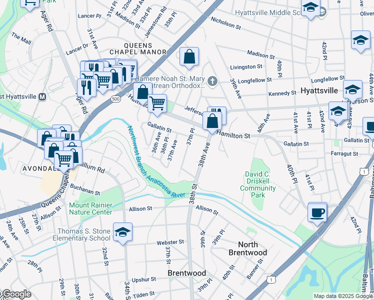 map of restaurants, bars, coffee shops, grocery stores, and more near 37th Place in Hyattsville