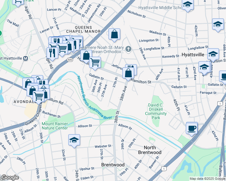 map of restaurants, bars, coffee shops, grocery stores, and more near 37th Place in Hyattsville