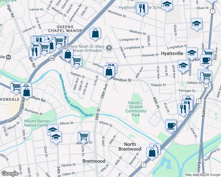 map of restaurants, bars, coffee shops, grocery stores, and more near 3827 Hamilton Street in Hyattsville