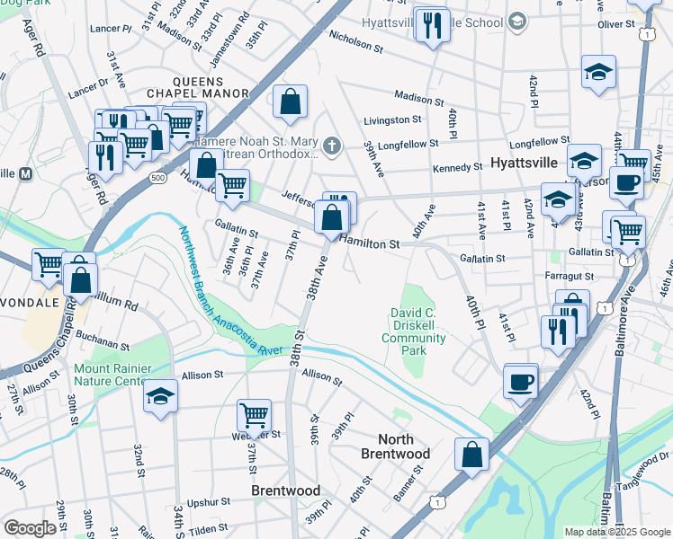 map of restaurants, bars, coffee shops, grocery stores, and more near 3827 Hamilton Street in Hyattsville