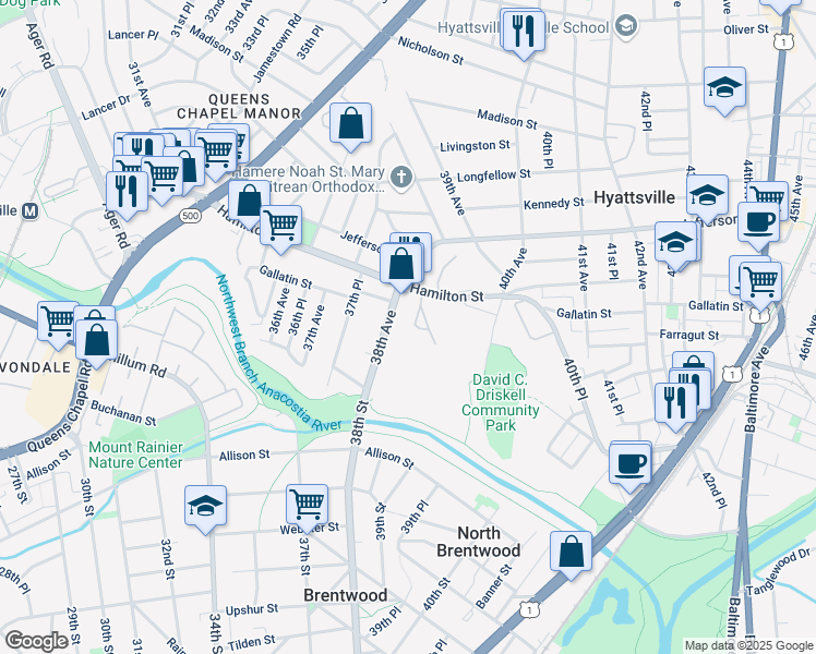 map of restaurants, bars, coffee shops, grocery stores, and more near 3827 Hamilton Street in Hyattsville