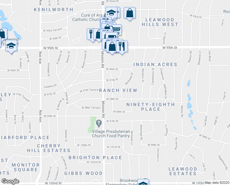 map of restaurants, bars, coffee shops, grocery stores, and more near 9731 Howe Drive in Leawood