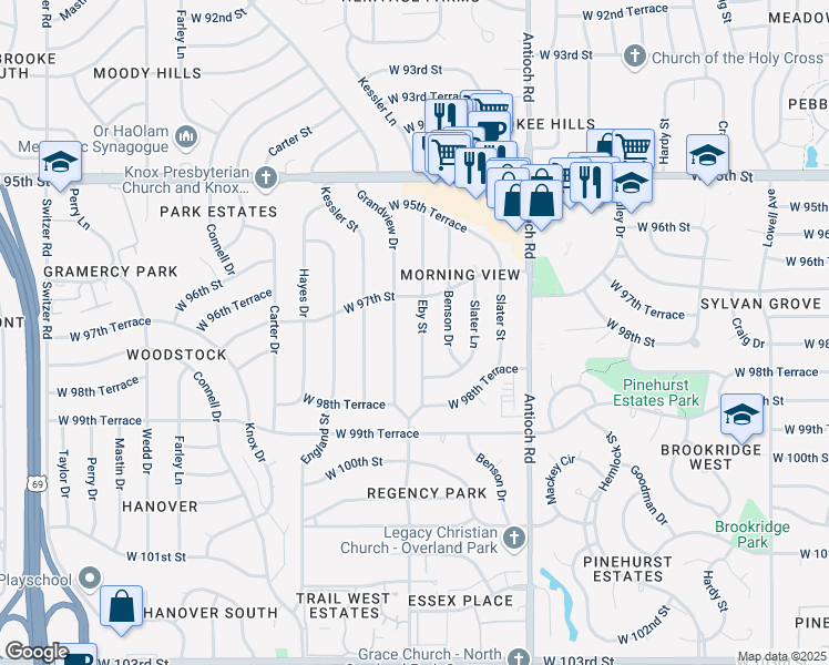 map of restaurants, bars, coffee shops, grocery stores, and more near 9718 Eby Street in Overland Park