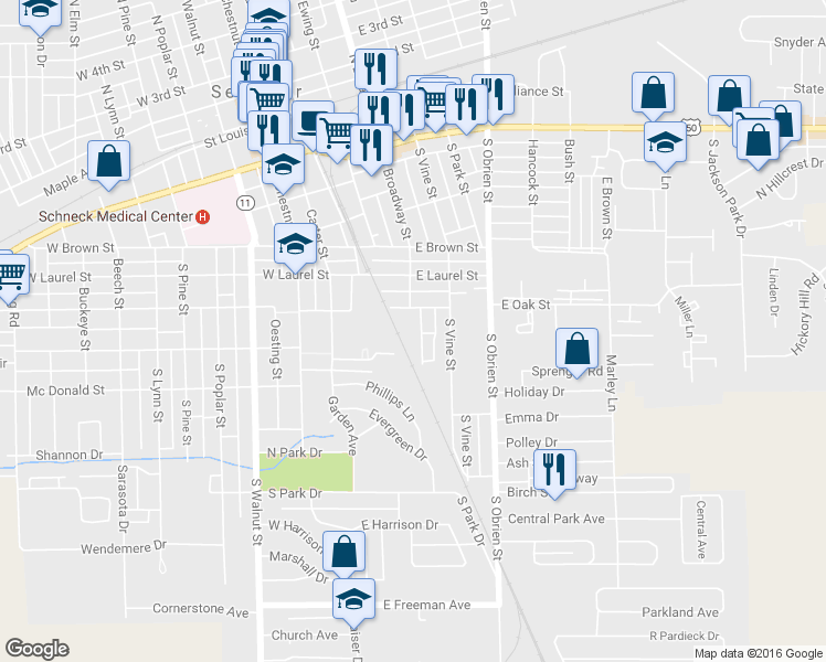map of restaurants, bars, coffee shops, grocery stores, and more near 618 S Broadway St in Seymour