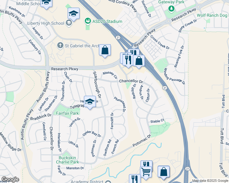 map of restaurants, bars, coffee shops, grocery stores, and more near 5461 Plumstead Drive in Colorado Springs